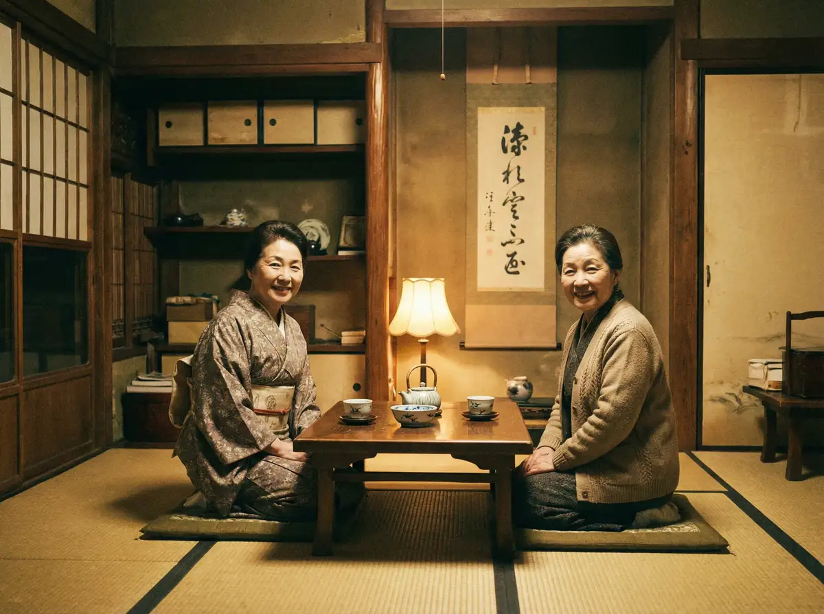 两位优雅的 绿奴 在日式茶室中品茶交谈
